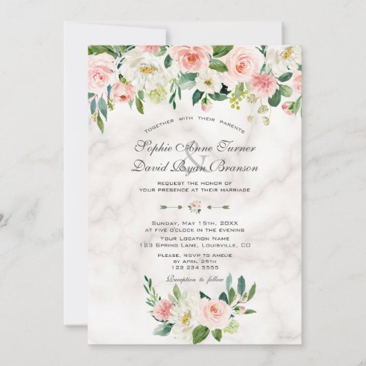 Invitation Aquarelle Blush Cream Flowers Marble Mariage (Devant)