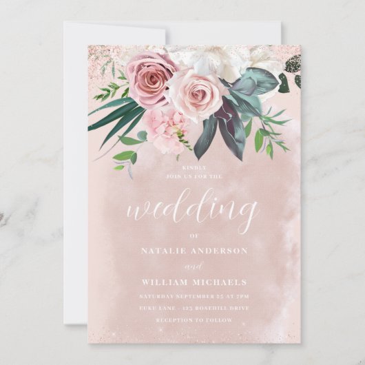 Invitation Aquarelle Blush & Dusty Rose Flowers Mariage (Devant)