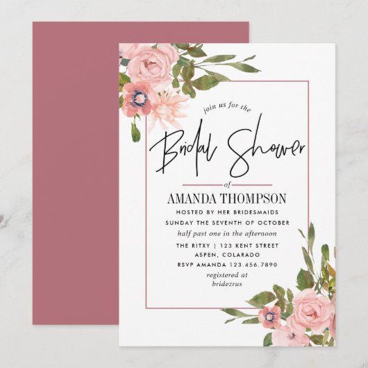 Invitation Aquarelle Blush et Fête des mariées or Rose (Devant / Derrière)