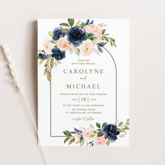 Invitation Aquarelle Blush et Marine Blue Floral Arch Mariage