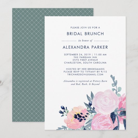 Invitation Aquarelle Blush et Marine Floral Bridal Brunch (Devant / Derrière)