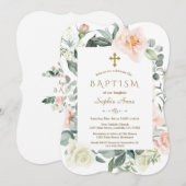 Invitation Aquarelle Blush Fleurs blanches Gold Girl Baptême (Devant / Derrière)