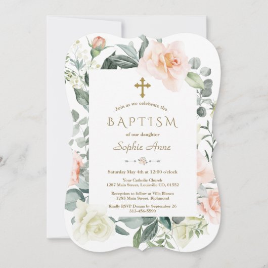 Invitation Aquarelle Blush Fleurs blanches Gold Girl Baptême (Devant)