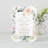 Invitation Aquarelle Blush Fleurs blanches Gold Girl Baptême (Debout devant)