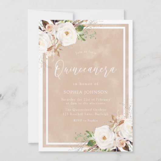 Invitation Aquarelle Blush Fleurs blanches Quinceanera (Devant)