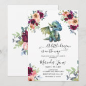 Invitation Aquarelle Blush Floral Blue Dragon Baby shower (Devant / Derrière)
