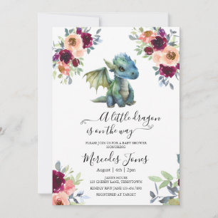 Invitation Aquarelle Blush Floral Blue Dragon Baby shower