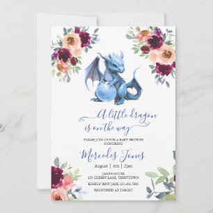 Invitation Aquarelle Blush Floral Blue Dragon Baby shower