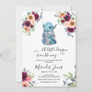 Invitation Aquarelle Blush Floral Blue Dragon Baby shower