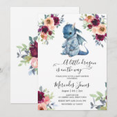 Invitation Aquarelle Blush Floral Blue Dragon Baby shower (Devant / Derrière)