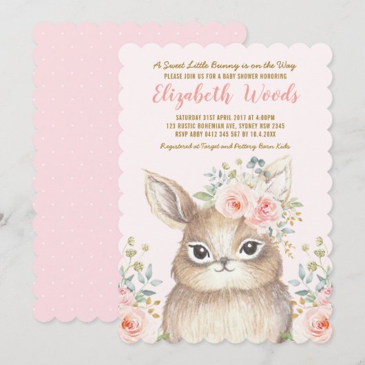 Invitation Aquarelle Blush Floral Bunny Girl Baby shower (Devant / Derrière)