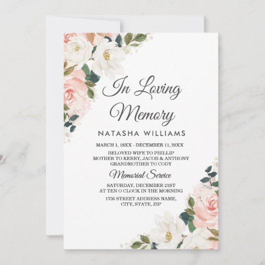 Invitation Aquarelle Blush Floral Funeral Service (Devant)
