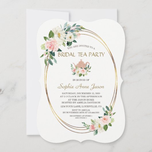 Invitation Aquarelle Blush Floral Gold Frame Fête des mariées (Devant)
