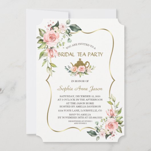 Invitation Aquarelle Blush Flowers Gold Bridal Tea Party (Devant)