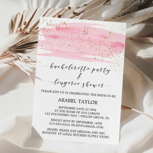 Invitation Aquarelle Blush & Gold Bachelorette et Lingerie
