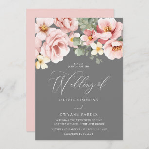 Invitation Aquarelle Blush & Grey Floral Mariage