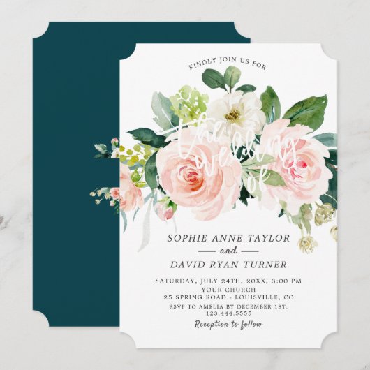 Invitation Aquarelle Blush Ivor Floral Profond Aqua Mariage (Devant / Derrière)