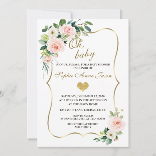 Invitation Aquarelle Blush Ivory Flowers Baby shower Or (Devant)