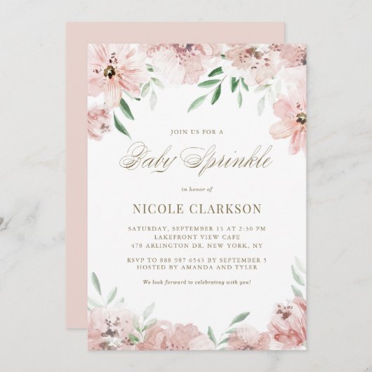 Invitation Aquarelle Blush Mauve Rose Fleurs Bébé Sprinké (Devant / Derrière)