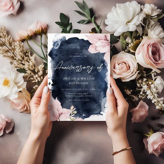 Invitation Aquarelle Blush Navy Toute l'année Anniversaire Ma