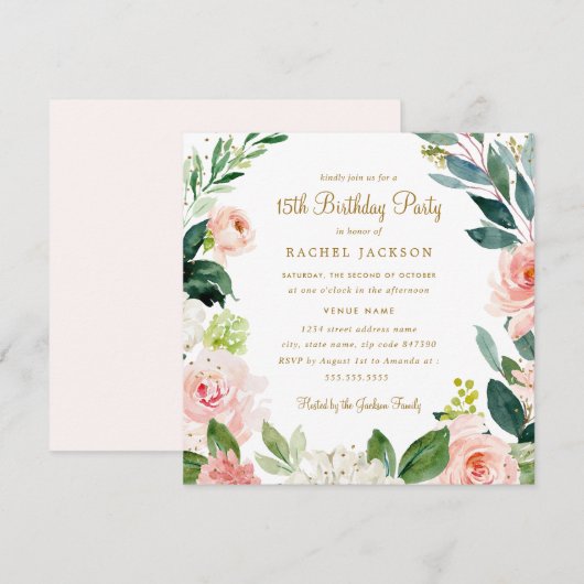 Invitation Aquarelle Blush or Floral 15e anniversaire Invitat (Devant / Derrière)