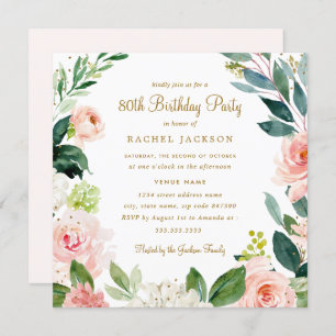 Invitation Aquarelle Blush or Floral 80e anniversaire Invitat
