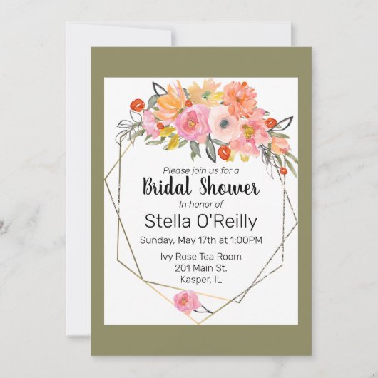 Invitation Aquarelle Blush Orange Jaune Cadre Or Floral (Devant)