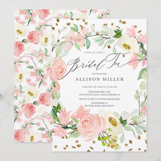 Invitation Aquarelle Blush Peonies Roses Florales Thé nuptial (Devant / Derrière)