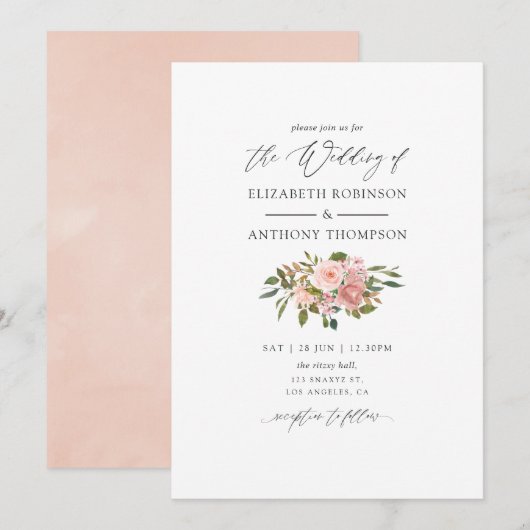 Invitation Aquarelle Blush Pink et Rose Gold Rose Mariage (Devant / Derrière)
