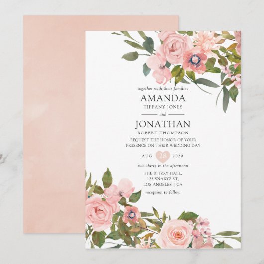 Invitation Aquarelle Blush Pink et Rose Gold Rose Mariage (Devant / Derrière)