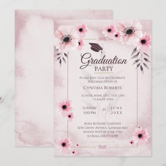 Invitation Aquarelle Blush Pink Graduation (Devant / Derrière)
