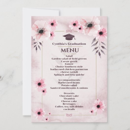 Invitation Aquarelle Blush Pink Graduation Menu du dîner (Devant)