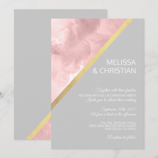 Invitation Aquarelle Blush Pink & Grey Gold Foil Mariage (Devant / Derrière)