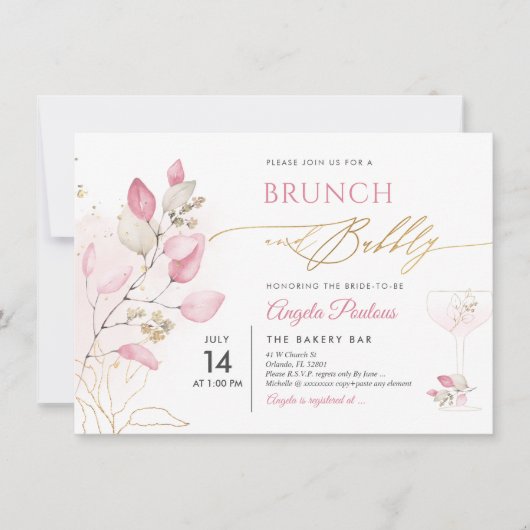 Invitation Aquarelle Blush Pink Gum Eucalyptus Brunch Bubbly (Devant)