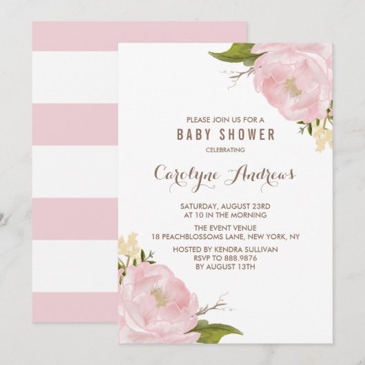 Invitation Aquarelle Blush Pink Peonies Baby shower Invitatio (Devant / Derrière)