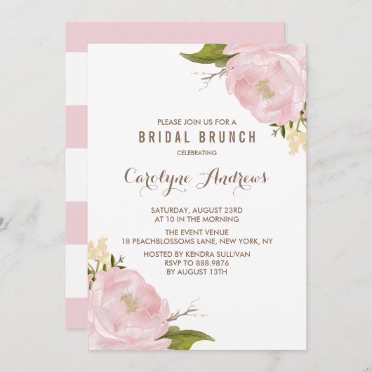 Invitation Aquarelle Blush Pink Peonies Bridal Brunch (Devant / Derrière)