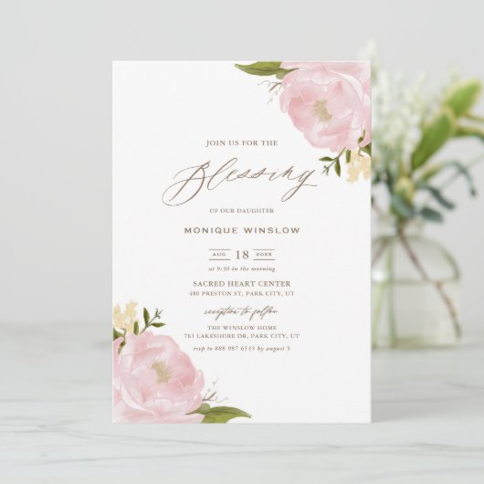 Invitation Aquarelle Blush Pink Peonies Script Blessure bébé (Debout devant)