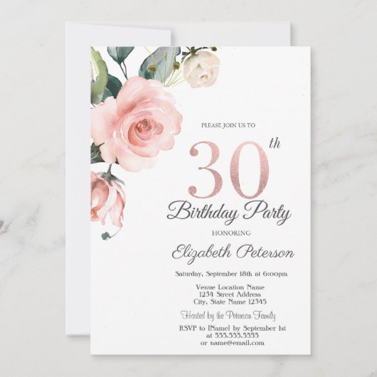 Invitation Aquarelle Blush Rose 30e anniversaire (Devant)