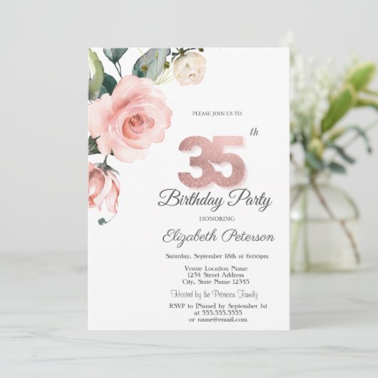 Invitation Aquarelle Blush Rose 35e anniversaire (Debout devant)