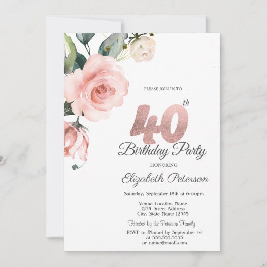 Invitation Aquarelle Blush Rose 40e anniversaire (Devant)