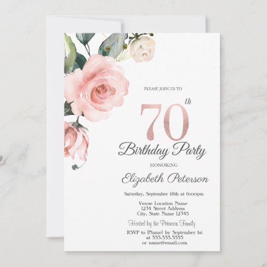 Invitation Aquarelle Blush Rose 70e anniversaire (Devant)