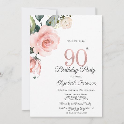 Invitation Aquarelle Blush Rose 90e anniversaire (Devant)
