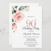 Invitation Aquarelle Blush Rose 90e anniversaire (Devant / Derrière)