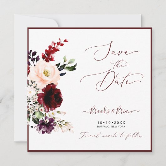 Invitation Aquarelle Blush rose Bourgogne Roses Merlot (Devant)