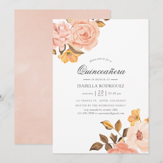Invitation Aquarelle Blush rose et or Floral Quinceañera (Devant / Derrière)