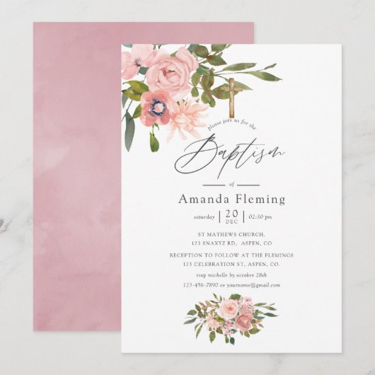 Invitation Aquarelle Blush rose et or Rose Baptême floral (Devant / Derrière)