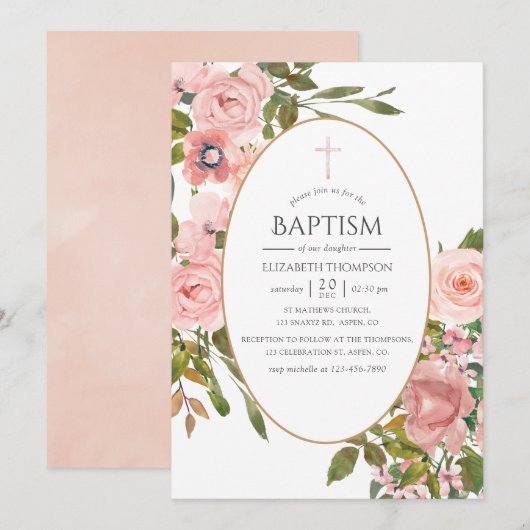 Invitation Aquarelle Blush rose et Rose Gold Baptême (Devant / Derrière)