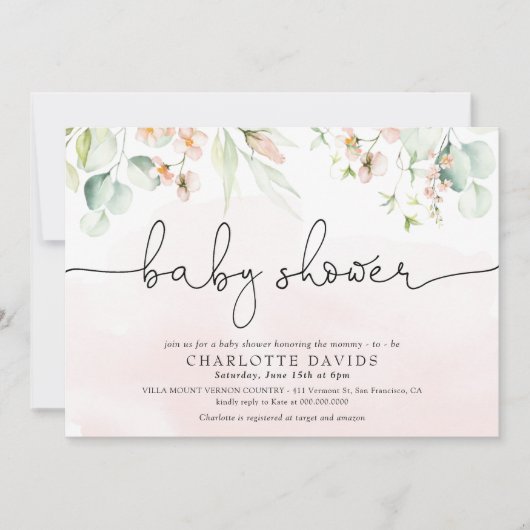 Invitation Aquarelle Blush rose Floral Baby shower fille (Devant)