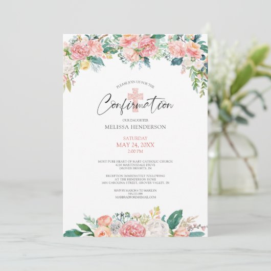 Invitation Aquarelle Blush Rose Floral Cross Confirmation (Debout devant)