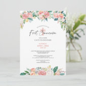 Invitation Aquarelle Blush Rose Floral Cross Première communi (Debout devant)